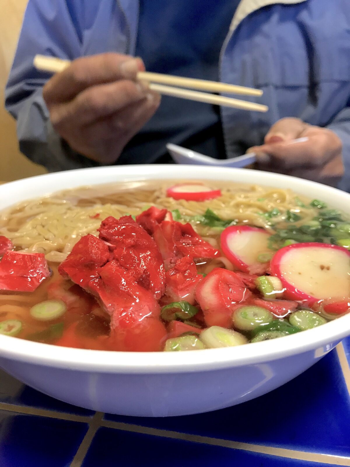 Bowl of saimin with char siu pork at a Hawaiian restaurant in Southern California