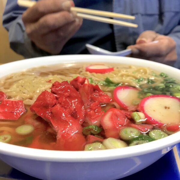 Bowl of saimin with char siu pork at a Hawaiian restaurant in Southern California