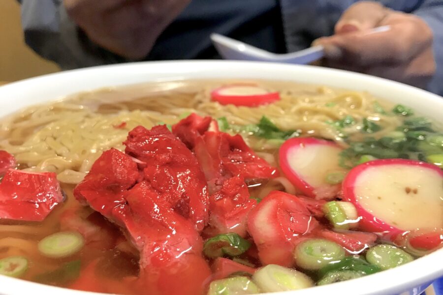 Bowl of saimin with char siu pork at a Hawaiian restaurant in Southern California
