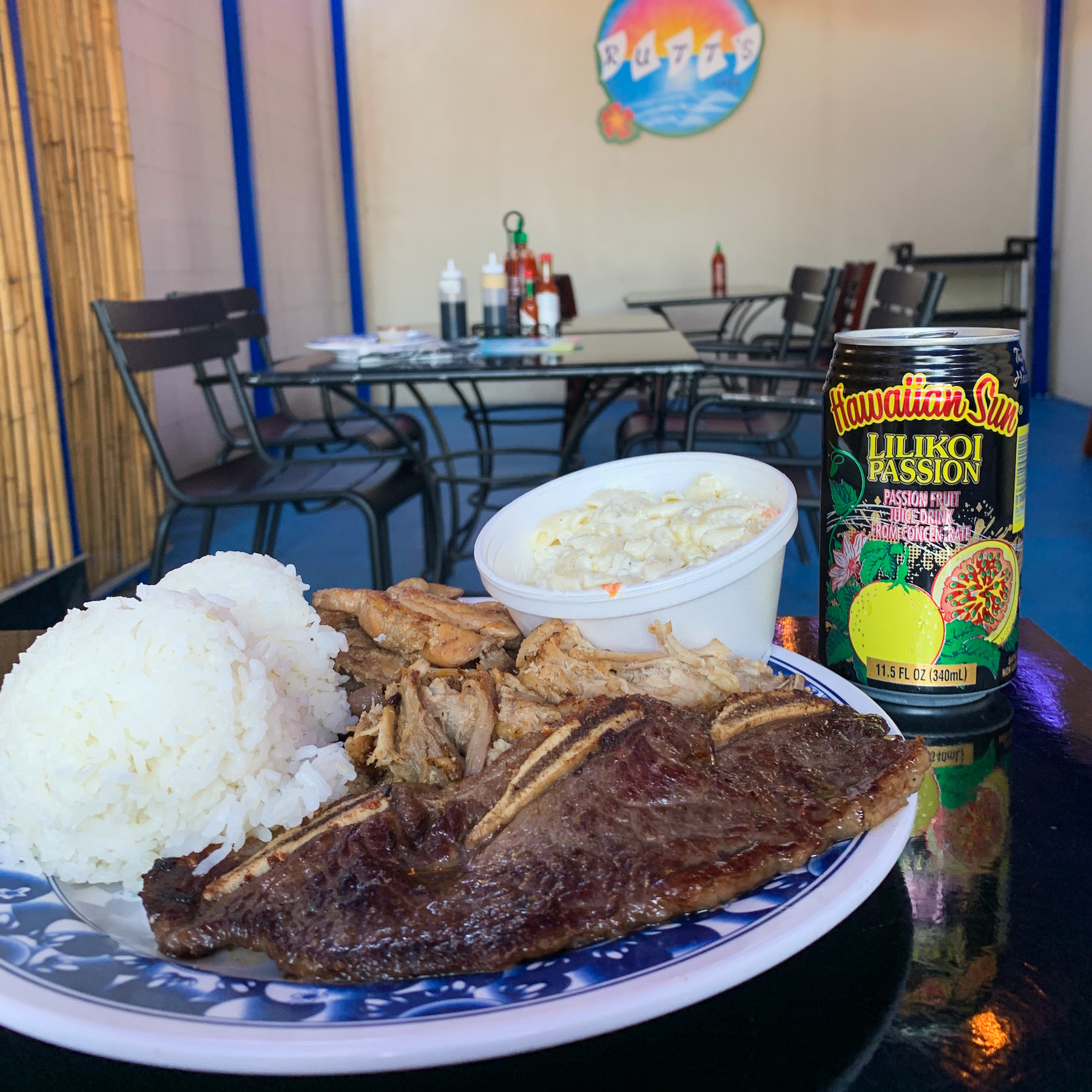 Plate lunch with kalbi, kalua pork, and mac salad at Rutt's Hawaiian Cafe in Gardena
